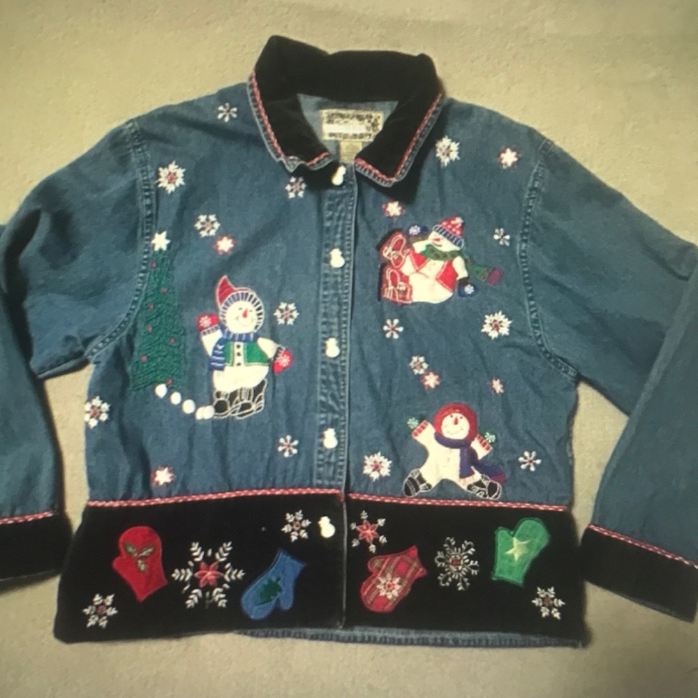 Kids Festive Denim Jacket with Embroidered Snowmen